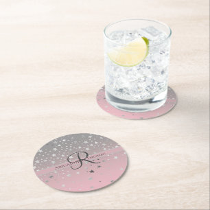 Dessous De Verre Rond Mariage Monogramme Nom Rose Gris Argent Étoiles