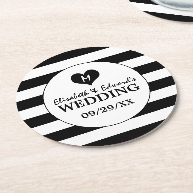 Dessous De Verre Rond Mariage noir et blanc moderne (Incliné)