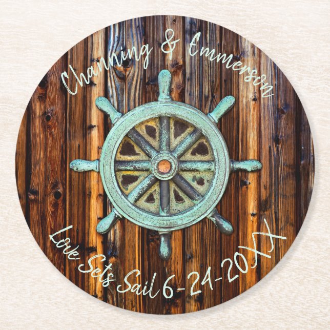 Dessous De Verre Rond Mariage ou Fiançailles nautique rustique (Devant)