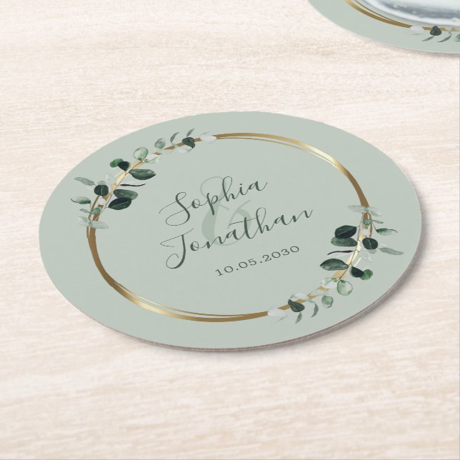 Dessous De Verre Rond Mariage personnalisé Eucalyptus Gold Sage (Incliné)