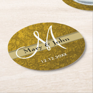 Dessous De Verre Rond Mariage personnalisé Monogram Gold Motif