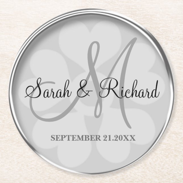 Dessous De Verre Rond Mariage personnalisé Monogramme élégant Argent (Devant)