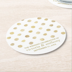Dessous De Verre Rond Mariage Pois moderne blanc et or