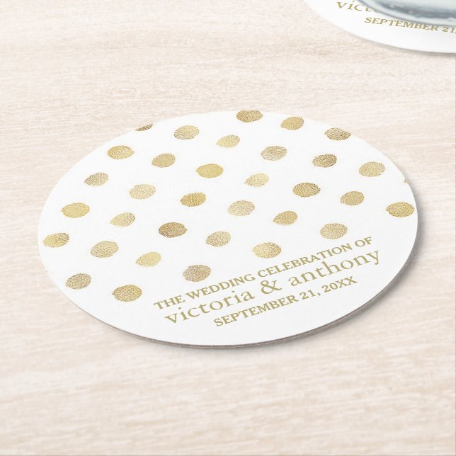 Dessous De Verre Rond Mariage Pois moderne blanc et or (Incliné)