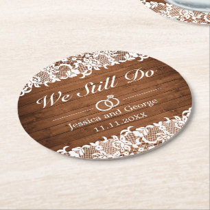 Dessous De Verre Rond Mariage Rustic Wood & White Lace