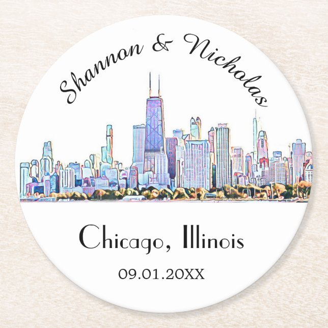 Dessous De Verre Rond Mariage Skyline de Chicago personnalisé (Devant)
