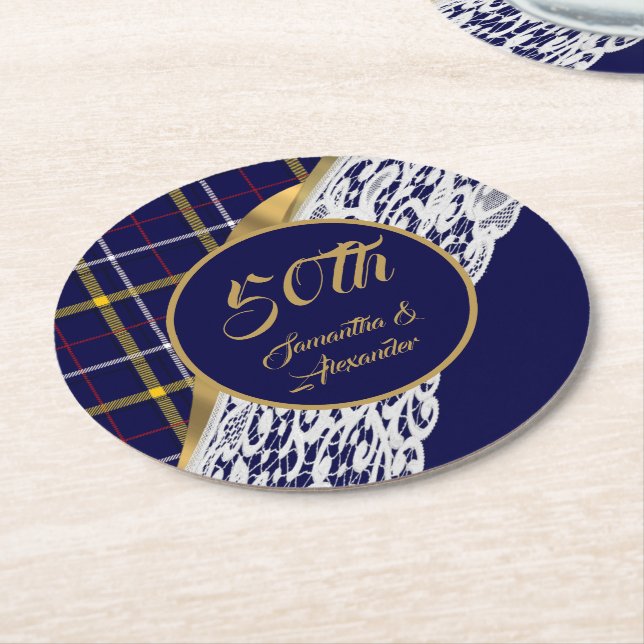 Dessous De Verre Rond Mariage tartan bleu (Incliné)