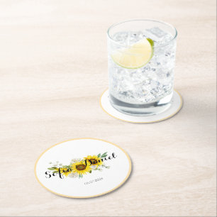 Dessous De Verre Rond Mariage tournesol aquarelle rose blanche 