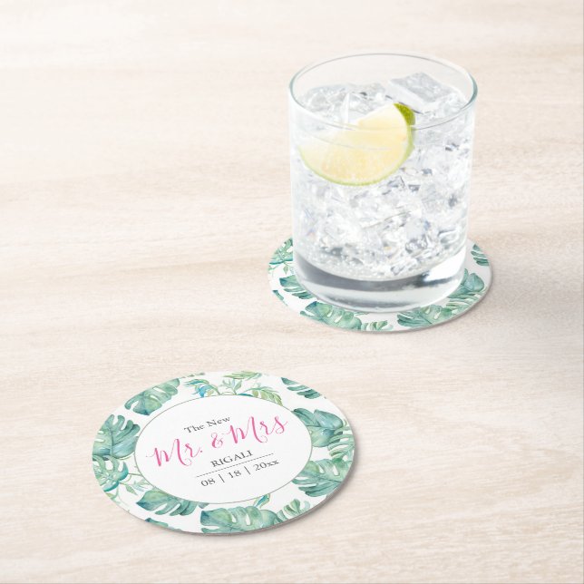 Dessous De Verre Rond Mariage tropical Monstera Palm Leaf (En situation)