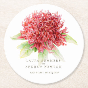 Dessous De Verre Rond Mariage Waratah Aquarelle botanique rouge et vert