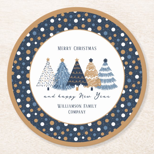 Dessous De Verre Rond Marine Arbres Bleus Points Fêtes de Noël modernes (Devant)