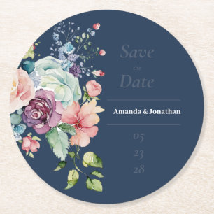 Dessous De Verre Rond Marine Bleu Aquarelle Floral Mariage Enregistrer l