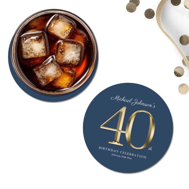 Dessous De Verre Rond Marine Blue Gold Custom 40e fête d'anniversaire (Navy Blue Gold Custom 40th Birthday Party Round Paper Coaster)