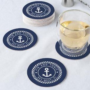 Dessous De Verre Rond Marine Blue Rope & Ancre Nom du bateau