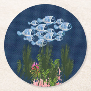 Dessous De Verre Rond Marine Texté, Poisson, Corail Rose