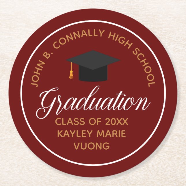 Dessous De Verre Rond Maroon Gold Graduation Custom School Party (Devant)