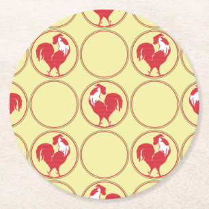 Dessous De Verre Rond Médaillon Coq Rouge sur Fond Jaune