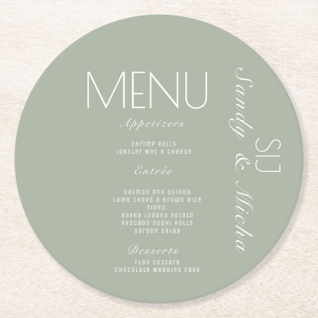 Dessous De Verre Rond Menu Dîner Mariage Simple Script Sage (Devant)