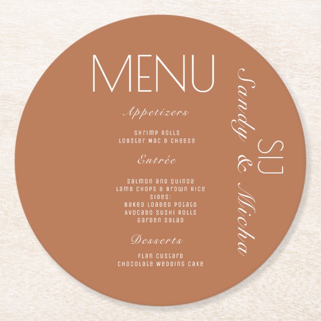 Dessous De Verre Rond Menu Dîner Mariage Simple Script Terracotta (Devant)