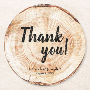 Dessous De Verre Rond Merci de mariage personnalisé Grain de bois rustiq