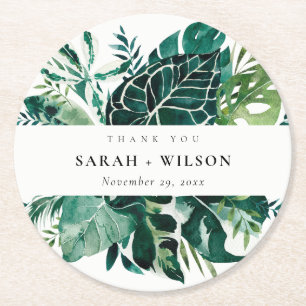 Dessous De Verre Rond Merci Mariage de feuillage vert de Monstera Tropic