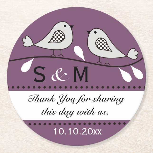 Dessous De Verre Rond Merci Mariage Monogramme Inséparables violets (Devant)