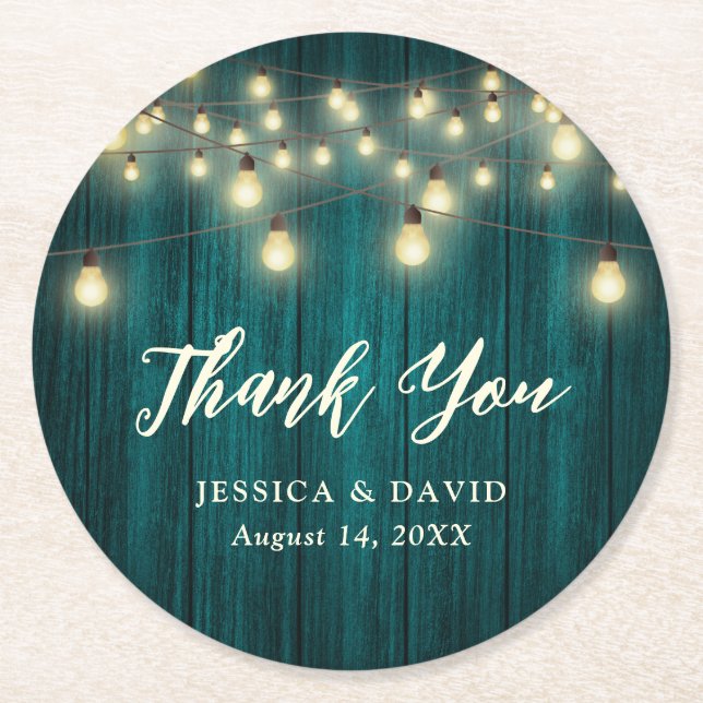 Dessous De Verre Rond Merci Mariage Turquoise rustique (Devant)