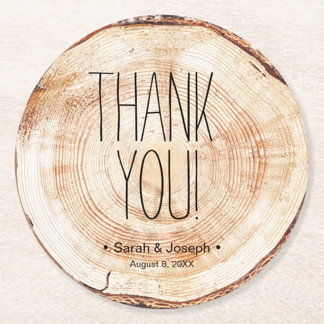 Dessous De Verre Rond Merci simple Grain de bois Mariage rustique (Devant)