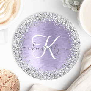 Dessous De Verre Rond Métal brossé violet Parties scintillant d'argent N