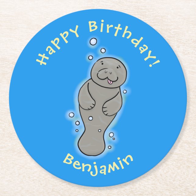 Dessous De Verre Rond Mignonne manatée bébé avec bulles illustration (Devant)