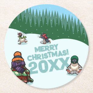 Dessous De Verre Rond Mignons manchots ajoutent l'année Joyeux Noël ! Hi