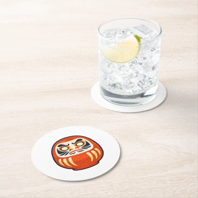 Dessous De Verre Rond Minimal Daruma – Japanese Folk Art Coaster (En situation)