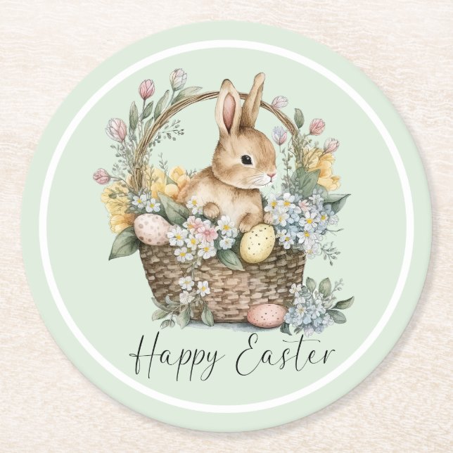 Dessous De Verre Rond Mint Green Joyeux lapin de Pâques (Devant)