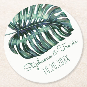 Dessous De Verre Rond Mod Tropical Palm Leaf Monstera Vert