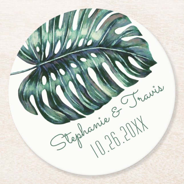 Dessous De Verre Rond Mod Tropical Palm Leaf Monstera Vert (Devant)