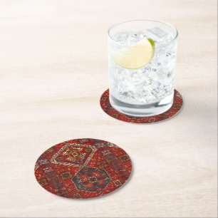Dessous De Verre Rond Modèle de tapis oriental en rouge foncé  