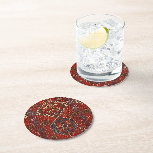 Dessous De Verre Rond Modèle de tapis oriental en rouge foncé   (En situation)