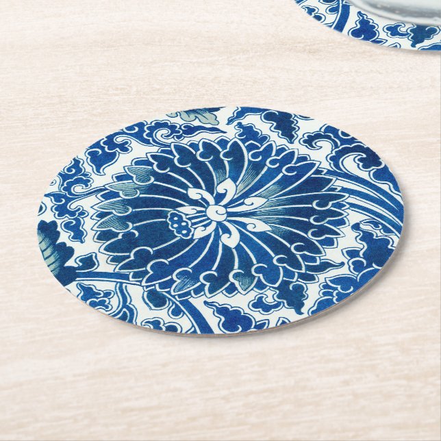 Dessous De Verre Rond Modèle floral chinois bleu (Incliné)
