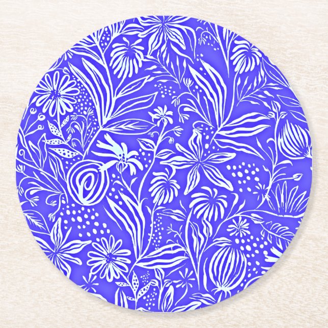 Dessous De Verre Rond Modèle Floral Préféré, Bleu Périvent, (Devant)