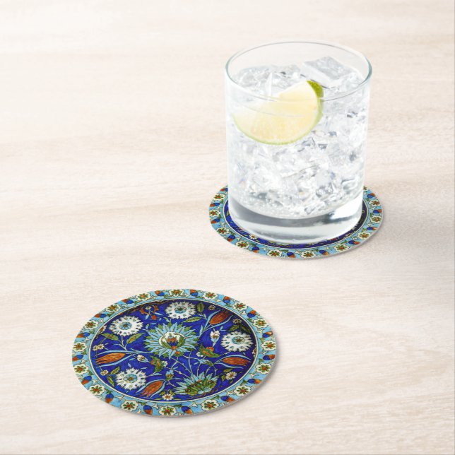 Dessous De Verre Rond Modèle floral turc Iznik (En situation)