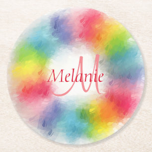 Dessous De Verre Rond Modèle Monogramme Abstrait Rainbow personnalisé