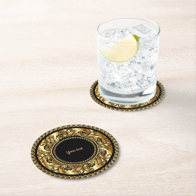 Dessous De Verre Rond Modèle noir et or élégant, (En situation)