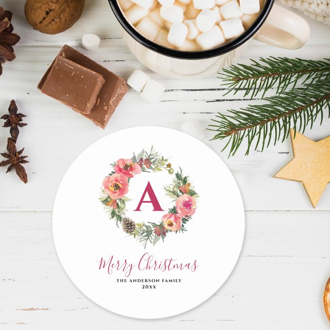 Dessous De Verre Rond Monogram Red Greenery Pink Wreath Christmas  (Créateur téléchargé)