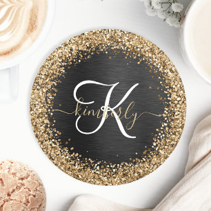 Dessous De Verre Rond Monogramme à étincelle noire à Parties scintillant