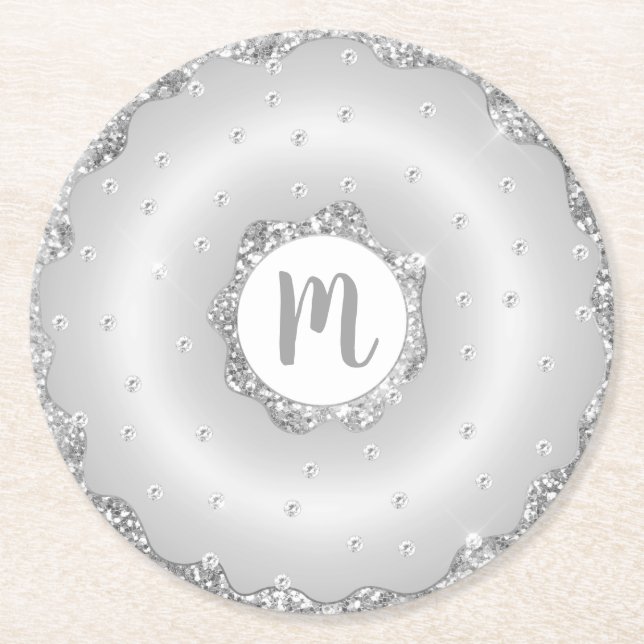 Dessous De Verre Rond Monogramme argent parties scintillant beignet chic (Devant)