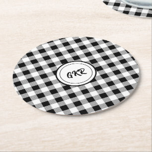 Dessous De Verre Rond Monogramme, Chèque de bison noir et blanc (6)