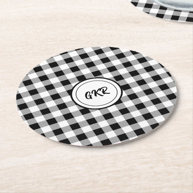Dessous De Verre Rond Monogramme, Chèque de bison noir et blanc (6) (Incliné)