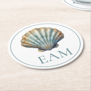 Dessous De Verre Rond Monogramme Coquille Saint-Jacques Bleu Côtiers