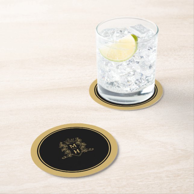 Dessous De Verre Rond Monogramme couronne crest or noir mariage (En situation)