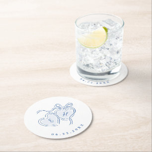 Dessous De Verre Rond Monogramme de cœurs dessinés à la main pour mariag